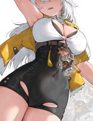 absurdres arm_up armpits bangboo_(zenless_zone_zero) black_bra black_shorts bra bra_peek breasts cleavage commentary eous_(zenless_zone_zero) female highres jacket large_breasts long_hair paid_reward_available parted_lips shirt shorts simple_background solo thighs underwear vincent_leo white_background white_hair white_shirt yellow_jacket yixuan_(zenless_zone_zero) yunkui_summit zenless_zone_zero