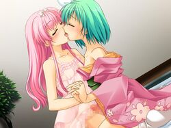 2boys censored crossdressing femboy frottage game_cg green_hair japanese_clothes kimono kissing male male_only mosaic_censoring narumi_suzune nightgown ootomo_maki ooyama_rui oto_puri penis penises_touching pink_hair trap trap_on_trap yaoi