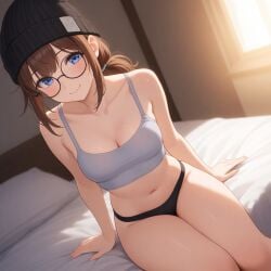 ai_generated beanie blue_eyes brown_hair crop_top glasses panties ponytail small_breasts thighs