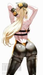 absurdres ass back bare_shoulders black_gloves black_pants blonde_hair breasts female fingerless_gloves gloves highres huge_ass large_breasts long_hair pants ponytail solo thighs tight_clothes tight_pants trigger_(zenless_zone_zero) uenoryoma zenless_zone_zero