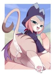 1boy absurdres after_sex animal_ears animal_feet animal_hood anus aqua_eyes ass border bottomless cat_ears cat_girl cat_hood cat_tail commentary covered_nipples cowgirl_position cum cum_in_pussy digitigrade felyne female furry furry_female furry_with_non-furry highres hood hood_up interspecies kekitopu looking_at_viewer male monster_hunter_(series) monster_hunter_stories_2 outdoors pawpads penis pov saliva_on_penis shortstack straight striped_fur symbol-only_commentary tail tongue tongue_out tsukino_(monster_hunter) white_border
