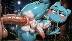 1boy against_tree ai_generated anal anal_sex anal_sex anthro anus armlet balls big_anus big_ass big_penis big_thighs blue_body blue_fur blue_skin blush bracelet cat_ears choker donut_anus felid feline forest furry gumball_watterson hi_res high_resolution highres holding_leg_up huge_anus huge_ass huge_cock huge_thighs large_penis male male/male male_penetrating_male night outdoors outside precum puffy_anus sagging_balls smug stable_diffusion standing standing_sex sweat sweatdrop sweating sweaty synthneon the_amazing_world_of_gumball thick_ass thick_thighs veiny_penis