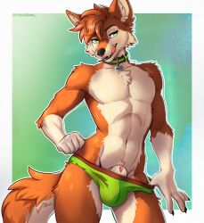 animal_genitalia anthro bedroom_eyes blue_background border briefs brown_body canid canine canis clothing clothing_pull collar domestic_dog featureless_chest front_view genitals gradient_background green_background green_eyes hi_res licking licking_lips licking_own_lips male male_anthro mammal muscular mutt_(wagnermutt) narrowed_eyes penis penis_tip seducing_viewer seductive sheath simple_background solo standing tan_body tofuzinn tongue tongue_out underwear underwear_pull white_border