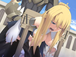 1boy 1girl akatsusaki_kazutaka bent_over black_thighhighs blonde_hair blue_eyes bondage bound bound_arms breasts censored female game_cg haizan_no_hime_shougun hanging_breasts long_hair male mosaic_censoring no_bra no_panties no_underwear one_eye_closed open_mouth outdoors pillory ponytail sex sex_from_behind source_request standing teeth thighhighs tricia_(haizan_no_hime_shougun) will_tame wink