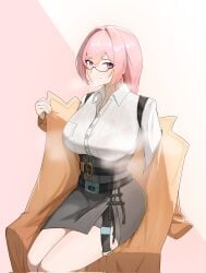 black_skirt breasts coat cowboy_shot dress_shirt female glasses hair_between_eyes high-waist_skirt highres large_breasts long_hair looking_at_viewer pencil_skirt pink_eyes pink_hair shirt sidelocks sitting skirt smile solo steaming_body tsukishiro_yanagi white_shirt yanjing_(pixiv_24376572) zenless_zone_zero