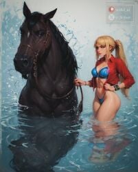 1girls ai_generated aisinful ass big_ass big_butt blonde_hair breasts female hi_res horse large_ass large_breasts medium_breasts metroid ponytail samus_aran solo suggestive_look thick_thighs thighs thong wide_hips