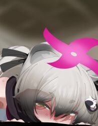 1boy absurdres all_the_way_to_the_base animated bar_censor black_ribbon black_scarf blue_archive brown_eyes censored commentary_request cum_in_mouth cum_on_tongue deepthroat fellatio female fox_hair_ornament grey_hair hair_ribbon halo heart heart-shaped_pupils highres looking_at_viewer male michiru_(blue_archive) mizumizuni open_mouth oral penis pink_halo ribbon scarf straight symbol-shaped_pupils tagme tongue_out video