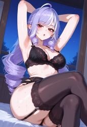 1girls ahoge ai_generated ass big_breasts bra breasts female female_focus hips legwear light-skinned_female lingerie long_hair looking_at_viewer navel pointy_ears purple_hair red_eyes thick_thighs thighs vivian_(zenless_zone_zero) wide_hips zenless_zone_zero