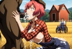 ai_generated big_breasts breasts cheating cheating_wife cum_on_breasts farmgirl female kuroinu_~kedakaki_seijo_wa_hakudaku_ni_somaru~ maia_(kuroinu) monster ntr raped raped_by_monster red_hair wife