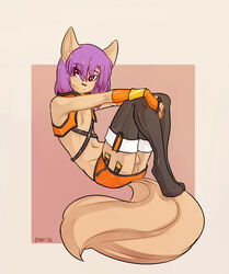 anthro balls blush canine caninelove clothing fenix fox fur furry girly gloves hair leggings male male_only navel penis presenting purple_hair red_eyes skimpy skirt solo stockings thigh_highs top