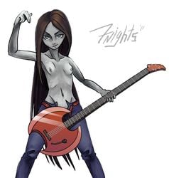 2011 adventure_time belt black_hair breasts casual electric_guitar female grey_eyes grey_skin guitar long_hair marceline musical_instrument nipples pale_skin seven_nights topless