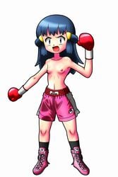 1girls angry beige_skin big_head black_socks blue_eyes blue_hair boots boxing boxing_gloves boxing_shorts breasts clothes color dawn_(pokemon) female female_only footwear front_view gloves hair human light-skinned_female light_skin nintendo nipples open_eyes open_mouth pink_shoes pokemon red_boxing_gloves red_gloves rorretsim shorts small_breasts socks solo standing topless white_background