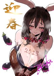 1girls 2023 artist_signature big_breasts blush body_writing braid brown_hair bunny_ears bunnysuit cleavage eggplant female female_only hair_between_eyes hair_ribbon huge_breasts japanese_text kobo_(cobo_0609) kono_subarashii_sekai_ni_shukufuku_wo! large_breasts leaning_forward looking_down low_twintails red_eyes ribbon solo sweat sweatdrop yunyun_(konosuba)