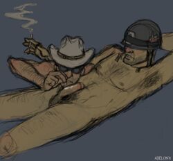 2boys adelon body_hair card cigarette cigarettes cowboy_hat doing_drugs engineer engineer_(team_fortress_2) erect_nipples erection facial_hair gay goggles hand_behind_head helmet lying_on_back male male_only multiple_males nude outstretched_arm smoke snorting_cocaine soldier soldier_(team_fortress_2) tagme team_fortress_2 valve yaoi