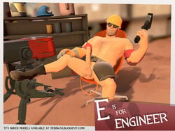 1boy armbands belt dreamandnightmare engineer erection extension_cord facial_hair garry's_mod glove goggles hard_hat holding_object large_testicles legs_held_open long_penis machine male male_only naked_footwear presenting_penis shelves sitting smiling solo solo_focus spread_legs tagme team_fortress_2 wrench