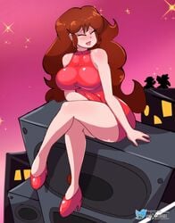 1girls big_breasts boyfriend_(friday_night_funkin) brown_hair cityscape cute female_focus friday_night_funkin girlfriend_(friday_night_funkin) happy high_heels hoxcomix large_breasts pico_(newgrounds) speaker thick_thighs