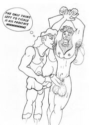 armpit_hair artist_request disney father_and_son gay greek_mythology hairy hercules_(character) hercules_(disney) incest male male_only monochrome multiple_males penis puberty pubes pubic_hair restrained testicles yaoi zeus zeus_(hercules)