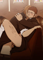 2boys anal_penetration anal_sex blonde_hair blue_eyes bottomless brown_hair church clothed_sex facial_hair gay glasses hairy_thighs highres human human_only male male/male male_on_male male_only multiple_boys muscles pants_down penis pew priest priests red_hair rolled_up_sleeves sex socks uncensored unprofessional_behavior yaoi