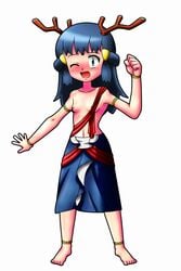 5_fingers anklet antlers armlet barefoot beige_skin big_head blue_eyes blue_hair blush breasts clothes color dawn_(pokemon) female female_only fist front_view hair human nipples open_mouth pokemon rorretsim skirt small_breasts solo standing topless white_background wink