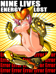 1girls anus armor ass beige_skin blush breasts color english_text exposed_breasts eyes female female_focus female_only front_view hair helmet looking_at_viewer marimo_(ankokumarimo) mouth nipples open_eyes open_mouth orange_eyes pink_hair pussy skin solo tail text uncensored vulva