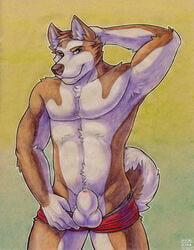 1boy animal_penis anthro artist_name beige_fur blue_eyes body_fur brown_fur brown_nose canine canine_penis clothes color dog flaccid_penis fluffy_tail front_view furry furry_ears hand_behind_head hushhusky looking_at_viewer male male_only muscles muscular_male pants_down pecs penis pointy_ears pose sheath smile solo standing tail topless ultraviolet_(artist) underwear undressing