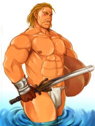 1boy abs bara basch biceps blonde_hair facial_hair final_fantasy final_fantasy_xii gloves male male_nipples male_only muscles pecs scar solo sword tagme takezamurai topless underwear water weapon