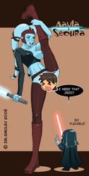 1girls aayla_secura anakin_skywalker censored darth_vader drsmolev english_text female jedi lightsaber sith smolev star_wars text twi'lek