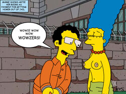 artie_ziff blue_hair breasts closed_eyes clothing color curly_hair dress english_text exposed_breasts eyes female glasses hair human long_hair male marge_simpson necklace open_eyes outdoors pearl_necklace rapist rapist_official skin speech_bubble text text_box the_simpsons wvs yellow_skin