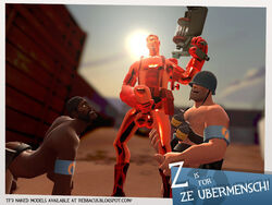 3boys arched_back armbands bandolier dark-skinned_male demoman dismay dreamandnightmare english_text erection eye_patch facial_hair garry's_mod gloves glowing_eyes grenades handjob helmet helmet_over_eyes holding_leg holding_penis holding_weapon imminent_orgasm male male_focus male_only medic mouth_open mustache naked_footwear nude orgasm_face penis_size_difference red_skin shiny_skin soldier soldier_(team_fortress_2) tagme team_fortress_2 teeth ubermensch utility_belt watch_cap yellow_eyes