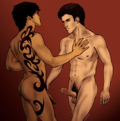 2boys aburame_shino afro artist_request ass balls bare_arms bare_back bare_legs black_hair closed_mouth collarbone dark_skin erection gradient_background interracial kankuro lips looking_at_another male male_only multiple_boys multiple_males naruto navel neck nude penis pubic_hair red_background smile standing tattoo testicles uncensored yaoi