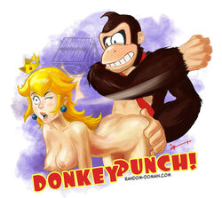 1boy 1girls anthro blonde_hair blue_eyes body_fur brown_fur color donkey_kong donkey_kong_(series) female furry hit human implied_penetration interspecies kong long_hair male mario_(series) nintendo nipples nude princess_peach punch random_domain straight super_smash_bros. toony violence