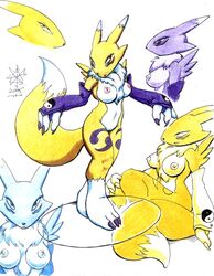 2005 anthro breasts color digimon female fur furry furry_breasts furry_ears furry_tail multiple_females nipples nude renamon sawblade_(artist) sitting standing tagme tail