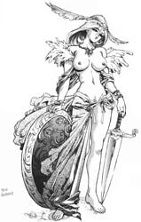 1990s 1993 20th_century breasts dated female female_only front_view helmet isutoshi light_skin monochrome mythology norse_mythology public_domain shield signature solo standing straight_hair sword tagme valkyrie valkyrie_(lov)