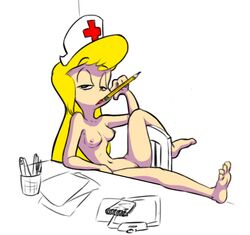 animaniacs breasts color female female_only hair hat hello_nurse human ishoka nipples nude nurse pencil sitting solo tagme vulva yellow_hair