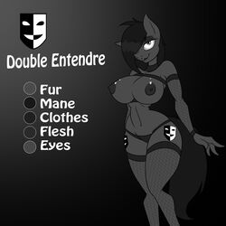 2014 anthro anthrofied big_breasts black_hair breasts cutie_mark double_entendre_(character) earth_pony elbow_gloves english_text equine female fishnet fishnet_stocking gloves gray_theme grey_eyes hair horse jrvanesbroek looking_at_viewer mammal model_sheet my_little_pony navel original_character panties pony solo standing text underwear