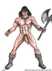 abs armband axe black_hair conan conan_the_barbarian_(series) flaccid full-length_portrait full_body holding_weapon legs_apart long_foreskin long_hair male_only muscular muscular_male naked_boots naked_footwear nude pecs penis pinup presenting pubic_hair solo_focus tagme uncut white_background yaoi