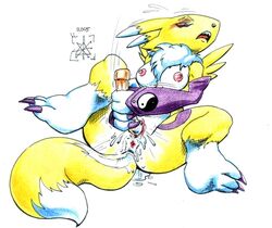 2005 anthro anus color digimon dildo female female_only front_view fur furry pussy_juice renamon sawblade_(artist) sitting solo tagme vaginal_insertion vulva