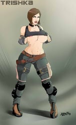 1girls areolae belt big_lips breasts brown_hair bulletstorm clothing female fingerless_gloves gloves grey_gloves hair human large_breasts navel pzero short_hair solo standing tagme tank_top tank_top_lift trishka_novak