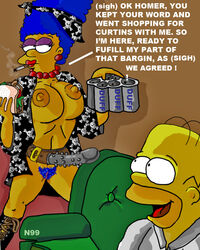 1boy 1girls beer blue_hair breasts cigarette clothes color couch curly_hair dialog dildo english_text exposed_breasts eyes eyeshadow female food hair homer_simpson human indoors lipstick long_hair male marge_simpson necron99 open_clothes open_eyes sandwich sex_toy skin smoking straight strap-on text the_simpsons yellow_skin