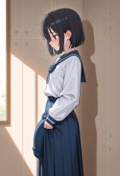 1futa 1girls against_wall ai_generated black_hair blue_skirt blush bowtie closed_mouth devaster dickgirl female flaccid_penis flat_chest from_side futanari holding_skirt indoors intersex long_skirt long_sleeves looking_down nervous penis_bulge sailor_collar sailor_uniform school_girl school_uniform schoolgirl short_hair skirt skirt_bulge small_breasts solo solo_futa standing teenage_futa wall