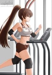 1girls brown_eyes brown_hair brown_hair_female bunny_ears bunny_girl clothed_female cslucaris faunus gym_clothes gym_shorts gym_uniform ponytail rwby solo_female sweaty_body treadmill velvet_scarlatina