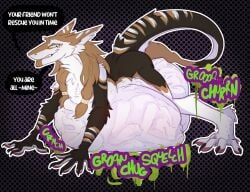anthro atrophene belly brown_body claws digestion digestion_noises english_text fur hair hi_res imprint luthais male male_pred mammal multiple_prey nude onomatopoeia rumbling_stomach sergal simple_background sound_effects speech_bubble stomach_bulge tail text vore