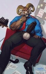 anthro balls big_horn big_penis black_penis bovid bovid_horn brown_body brown_fur caprine caprine_horn clock clothing collared_shirt deaddragonp dress_pants dress_shirt erection facial_hair fur genitals glans grey_hair hair hi_res horn humanoid_genitalia humanoid_penis leaning leaning_backward male mammal manly mature_male moustache muscular muscular_anthro muscular_male necktie penis penis_poking_out penis_through_fly ram_horn sheep shirt solo topwear watch wristwatch