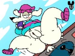 2025 anthro ass beanie beverage beverage_can big_butt black_eyes black_nose blue_clothing blue_sweater blue_topwear blush blush_lines borzoi bottomless can canid canine canis clothed clothing cloud container day digital_media_(artwork) domestic_dog female footwear fur genitals hat headgear headwear hi_res holding_beverage holding_can holding_container holding_object hunting_dog looking_down low-angle_view luanctoons mammal multicolored_clothing multicolored_sweater multicolored_topwear partially_clothed pink_beanie pink_clothing pink_footwear pink_hat pink_headwear pink_shoes pink_sweater pink_topwear shoes short_tail sighthound signature skateboard skateboard_trick skateboarding skater skater_girl sky solo sweater tail thick_thighs topwear two_tone_clothing two_tone_sweater two_tone_topwear vehicle vulva white_body white_ears white_fur white_tail worm's-eye_view