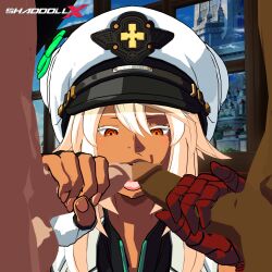 1girls 2boys 3d_(artwork) absurd_res arc_system_works dark-skinned_male double_barrel_blowjob double_fellatio double_handjob guilty_gear guilty_gear_strive hi_res horny interracial mouth mouthful open_mouth ramlethal_valentine shaddoll_x