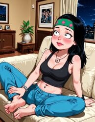 ai_generated american_dad bare_shoulders barefoot bed black_eyes black_hair black_tank_top blue_pants blush bracelet breasts cleavage clothing couch crop_top curtains denim drawing_(object) ear_piercing feet female green_headband hands_on_feet hayley_smith headband indoors jeans jewelry jousneystudio large_breasts lips long_hair medium_breasts midriff navel navel_piercing necklace night night_sky nose_piercing on_bed on_couch pants patreon photo_(object) picture_frame piercing pillow plant portrait_(object) potted_plant sitting sky soles solo tank_top thick_lips toe_scrunch toes trembling watch window wristband wristwatch