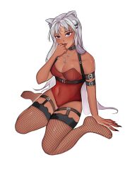 1female 1girls alethea_lunaa_(bnvt) black_fingernails black_harness bnvt bondage_harness bruneian bruneian_vtuber bunnysuit cat_ears catgirl choker dark-skinned_female female female_only fishnet_legwear fishnet_thighhighs garter_straps indie_virtual_youtuber indie_vtuber long_fingernails long_hair medium_breasts necklace nilambiru_(saphiraart) on_knees purple_eyes red_bunnysuit sitting sitting_on_knees tanned tanned_skin thigh_highs thighhighs virtual_youtuber vtuber white_hair