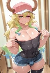 1boy 1femboy 2025 ai_generated alternate_version_available areola areola_slip benero black_legwear bulge cap crossdressing dragon_boy dragon_horns dragon_maid erect_nipples femboy feminine_male genderswap_(ftm) girly green_eyes heterochromia horns indoors jean_shorts kobayashi-san_chi_no_maidragon legwear long_hair looking_at_viewer lucoa lucoa_(maidragon) man_boobs man_breasts multicolored_hair nipples nipples_visible_through_clothing pectorals pink_cap purple_eye quetzalcoatl_(dragon_maid) rule_63 shorts thick_thighs thighs top topwear trap zettai_ryouiki