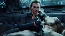 1boy 1girls 3d blonde_hair cd_projekt_red clothed cum cum_on_hands cyberpunk_2077 dark-skinned_male gloves handjob handjob_with_gloves interracial mature mature_female meredith_stout nude penis sfmlover22