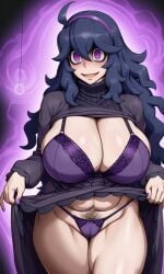 1girls @_@ ahoge ai_generated alternate_breast_size big_breasts bra breasts cleavage dress dress_lift female hairband hex_maniac huge_breasts hypnosis lifted_by_self long_hair looking_at_viewer messy_hair mind_control nail_polish navel panties pendulum pixai pokemon pokemon_xy pubic_hair purple_bra purple_dress purple_eyes purple_hair purple_hairband purple_nails purple_panties ribbed_sweater solo spiral_eyes tagme underwear utter_domination